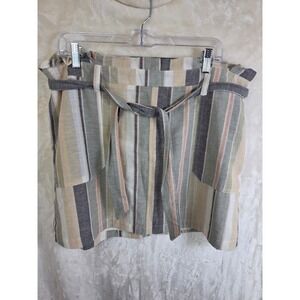 American Eagle Striped Paperbag Waist Mini‎ Skirt Cotton Linen Green Beige XL